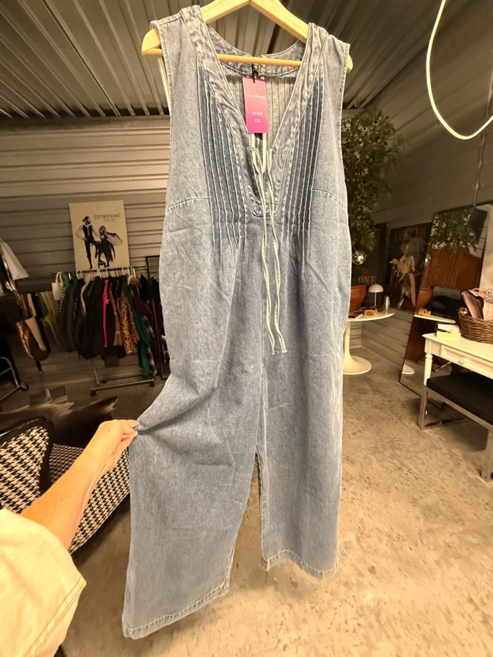 Sleeveless Light Blue Denim Jumpsuit with Pintuck Front